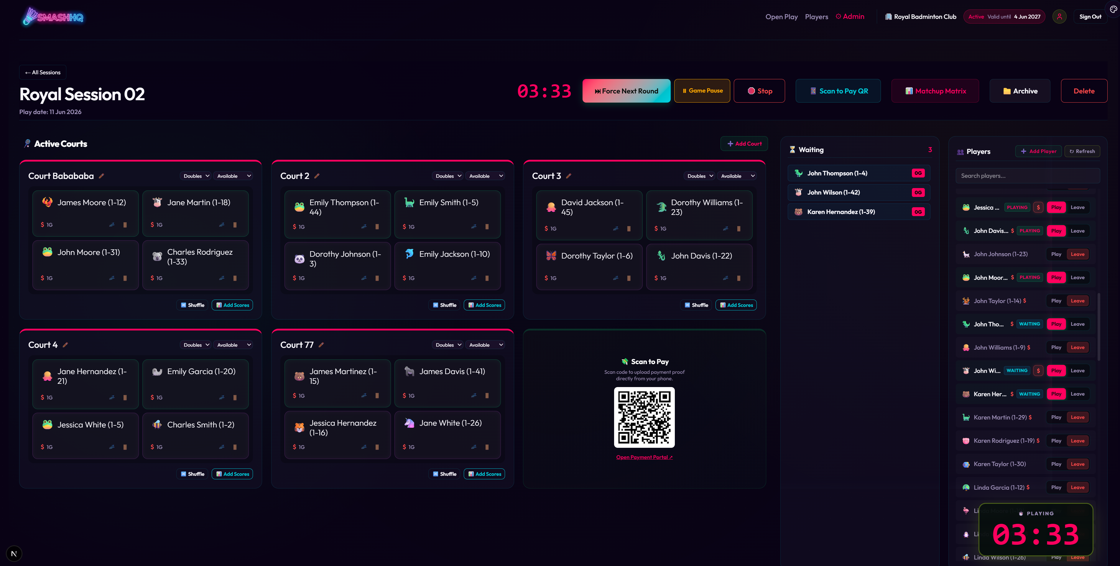 SmashHQ live session dashboard with payment QR modal