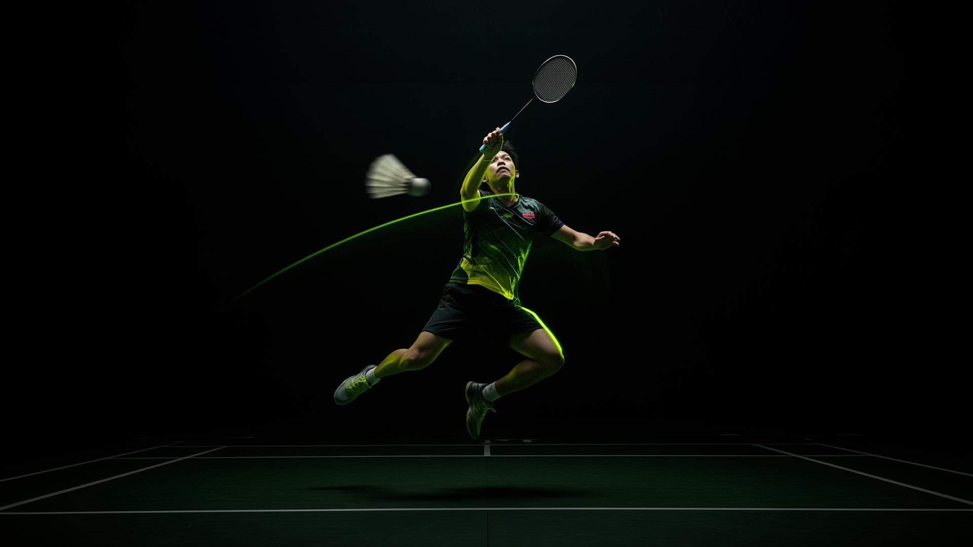 Badminton player mid-smash